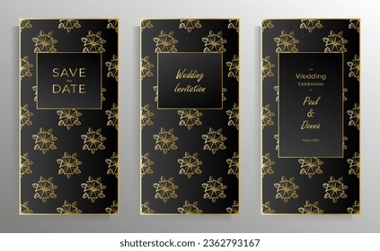 Wedding invitation design. A set of vector templates of the same format. Elegant cards with floral patterns black and gold.