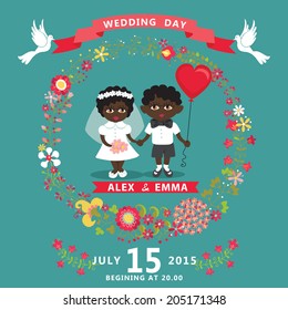 Wedding invitation design template with baby couple.Cartoon baby Bride, groom ,floral wreath and ribbons.For Invitation, save the date card.Vector illustration.Retro style, vintage.