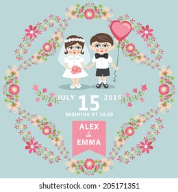 Wedding invitation design template with baby couple.Cartoon baby Bride, groom ,floral  frame and ribbons.For Invitation, save the date card.Vector illustration.Retro style, vintage.