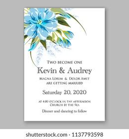 Wedding invitation design template blue chrysanthemum eucaliptus flowers and green leaves on white backround. Floral bouquet decoration. Vector illustration. Bridal shower invitation baby shower 