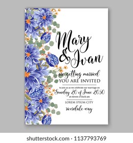 Wedding invitation design template blue soft chrysanthemum eucaliptus flowers and green leaves on white backround. Floral bouquet decoration. Vector illustration. Bridal shower invitation baby shower 