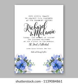 Wedding invitation design template blue hibiscus eucaliptus flowers and green leaves on white backround. Floral bouquet decoration. Vector illustration. Bridal shower invitation baby shower