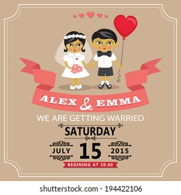 The wedding invitation design template. Cartoon baby couple groom and bride  with balloon,vignettes,ribbon.Funny vector illustration.