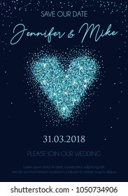 Wedding invitation design template with glitter heart. Modern card for engagement or wedding on navy blue background. Vector illustration.