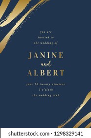 Wedding invitation design template with golden brush strokes on dark blue background and sample text layout. Vector greeting card, wedding invitation, brochure design, scalable to 5x7 inches.