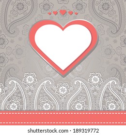 Wedding invitation design template. Imitation lace in Paisley motive with hearts label and ribbon. 