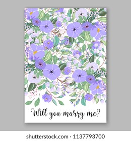 Wedding invitation design template lavander violet peony eucaliptus flowers and green leaves on white backround. Floral bouquet decoration. Vector illustration. Bridal shower invitation baby shower 