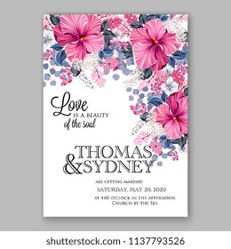 Wedding invitation design template magenta hibiscus eucaliptus flowers and green leaves on white backround. Floral bouquet decoration. Vector illustration. Bridal shower invitation baby shower 