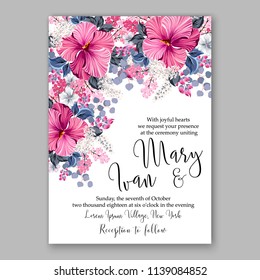 Wedding invitation design template magenta hibiscus eucaliptus flowers and green leaves on white backround. Floral bouquet decoration. Vector illustration. Bridal shower invitation baby shower