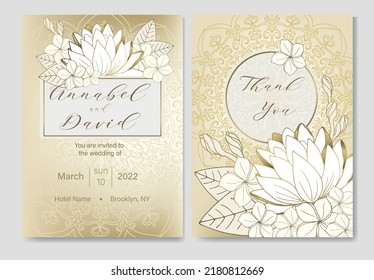  Wedding invitation design template with mandala and lotus. Golden exotic pattern. Luxury background. 