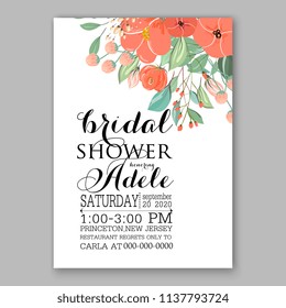 Wedding invitation design template orqange peony roses tulup eucaliptus flowers and green leaveFloral bouquet decoration. Vector illustration. Bridal shower invitation baby shower 