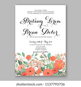 Wedding invitation design template orqange peony roses tulup eucaliptus flowers and green leaveFloral bouquet decoration. Vector illustration. Bridal shower invitation baby shower 