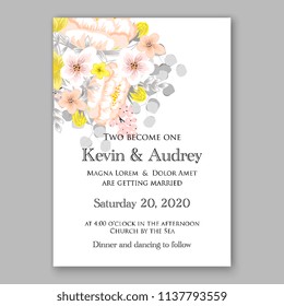 Wedding invitation design template pale roses eucaliptus flowers and green leaves on white backround. Floral bouquet decoration. Vector illustration. Bridal shower invitation baby shower 