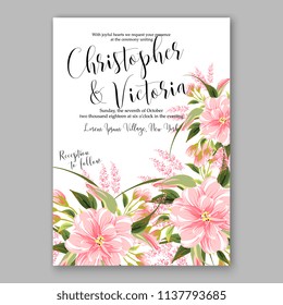 Hochzeitsvorschau mit hellen Chrysanthemum-Eucaliptus-Blumen und grünen Blättern auf weißem Hintergrund. Blumenstrauß-Dekoration. Vektorgrafik. Brautdusche, Babydusche 