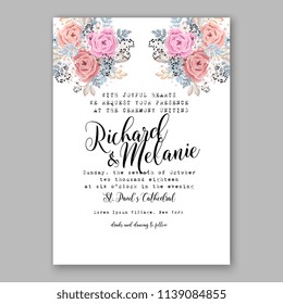 Wedding invitation design template pale roses eucaliptus flowers and green leaves on white backround. Floral bouquet decoration. Vector illustration. Bridal shower invitation baby shower