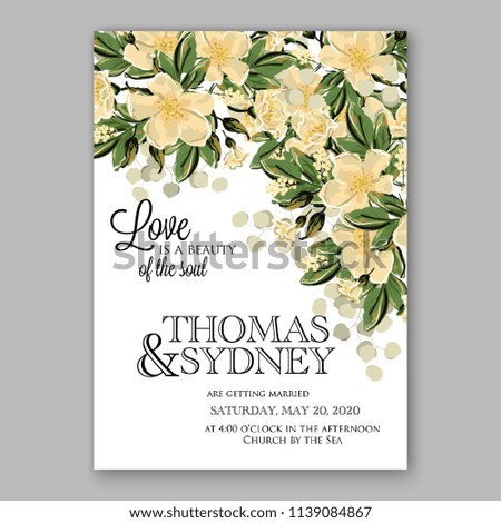 Wedding invitation design template pale roses eucaliptus flowers and green leaves on white backround. Floral bouquet decoration. Vector illustration. Bridal shower invitation baby shower
