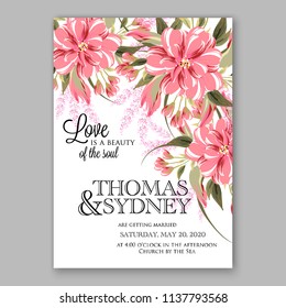 Wedding invitation design template pink chrysanthemum eucaliptus flowers and green leaves on white backround. Floral bouquet decoration. Vector illustration. Bridal shower invitation baby shower 