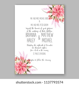 Wedding invitation design template pink chrysanthemum eucaliptus flowers and green leaves on white backround. Floral bouquet decoration. Vector illustration. Bridal shower invitation baby shower 