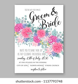 Wedding invitation design template pink chrysanthemum eucaliptus flowers and green leaves on white backround. Floral bouquet decoration. Vector illustration. Bridal shower invitation baby shower 