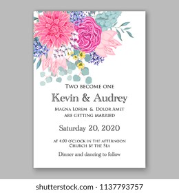 Wedding invitation design template pink chrysanthemum eucaliptus flowers and green leaves on white backround. Floral bouquet decoration. Vector illustration. Bridal shower invitation baby shower 