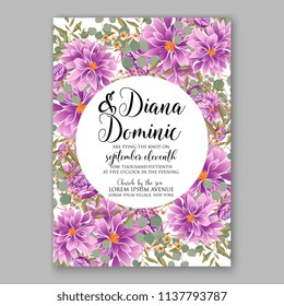 Wedding invitation design template purple chrysanthemum eucaliptus flowers and green leaves on white backround. Floral bouquet decoration. Vector illustration. Bridal shower invitation baby shower 