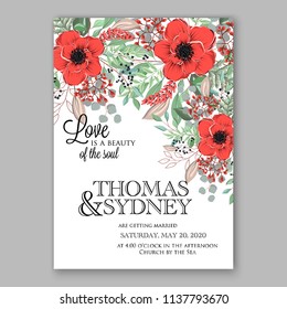 Wedding invitation design template red anemone peony eucaliptus flowers and green leaves on white backround. Floral bouquet decoration. Vector illustration. Bridal shower invitation baby shower 