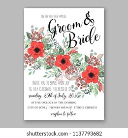 Wedding invitation design template red anemone peony eucaliptus flowers and green leaves on white backround. Floral bouquet decoration. Vector illustration. Bridal shower invitation baby shower 