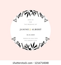 Wedding invitation design template with round frame, floral decoration, sample text layout in black and gold, light pink background.