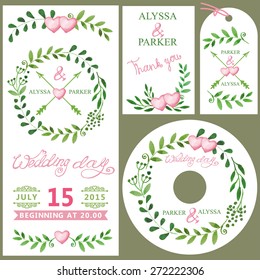 Wedding invitation design template set.Watercolor green branches wreath,pink heart,ribbon,lettering .Decorative hand drawing floral decor.Vintage Vector.Thank you,RSVP,tag,card