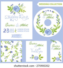 Wedding invitation design template set.Watercolor blue flowers,bud,green branches, wreath,seamless pattern .Decorative hand drawing floral decor.Vintage Vector.Thank you,CD,tag,card