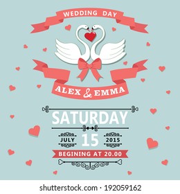 Wedding invitation design template.Two swans  keep red heart ,save the date and ribbon. Romantic Invitation, save the date card.Vector illustration.Retro style,vintage.