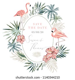 Wedding invitation design template. Tropical pink flamingo bird, palm leaves, trees oval frame background. Vector illustration. Summer beach floral design for the card, poster, tee shirt. Nature