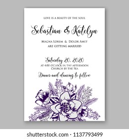 Wedding invitation design template violet ink chrysanthemum eucaliptus flowers and green leaves on white backround. Floral bouquet decoration. Vector illustration. Bridal shower invitation baby shower