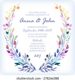 Wedding invitation design template with watercolor floral frame. Vector background for special occasions & life events.