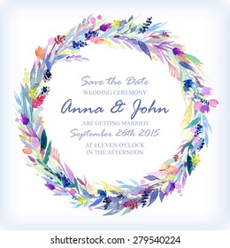 Wedding invitation design template with watercolor floral circular frame. Vector background for special occasions & life events. Save the date.