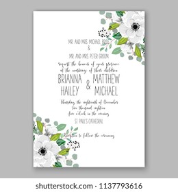 Wedding invitation design template white anemone peony eucaliptus flowers and green leaves on white backround. Floral bouquet decoration. Vector illustration. Bridal shower invitation baby shower 