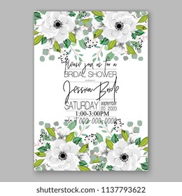 Wedding invitation design template white anemone peony eucaliptus flowers and green leaves on white backround. Floral bouquet decoration. Vector illustration. Bridal shower invitation baby shower 