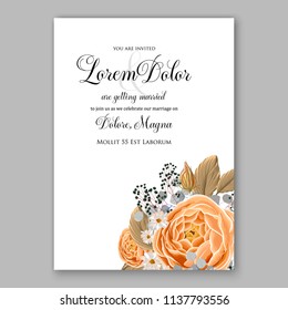 Wedding invitation design template yellow ranunculus roses eucaliptus flowers and green leaves on white backround. Floral bouquet decoration. Vector illustration. Bridal shower invitation baby shower 