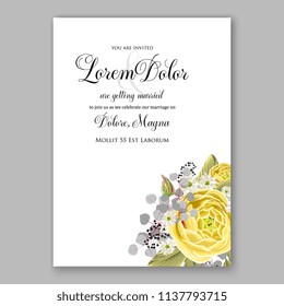 Wedding invitation design template yellow roses eucaliptus flowers and green leaves on white backround. Floral bouquet decoration. Vector illustration. Bridal shower invitation baby shower 