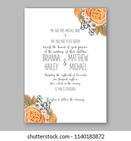 Wedding invitation design template yellow ranunculus roses eucaliptus flowers and green leaves on white backround. Floral bouquet decoration. Vector illustration. Bridal shower invitation baby shower