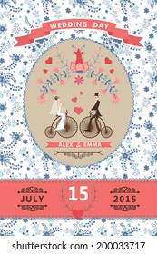 Wedding invitation design template.Cartoon  Bride, groom on retro bicycle, floral pattern and ribbons.For Invitation, save the date card.Vector illustration.Retro style, vintage.