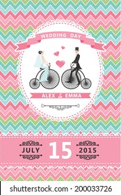 Wedding invitation design template.Cartoon  Bride, groom on retro bicycle,geometric pattern and ribbons.For Invitation, save the date card.Vector illustration.Retro style, vintage.