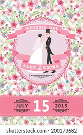 Wedding invitation design template.Cartoon  Bride, groom , floral pattern and ribbons.For Invitation, save the date card.Vector illustration.Retro style, vintage.