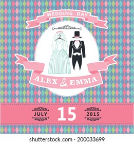 Wedding invitation design template.Cartoon  wedding clothes , geometric pattern and ribbons.For Invitation, save the date card.Vector illustration.Retro style, vintage.