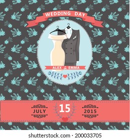 Wedding invitation design template.Cartoon  wedding clothes , floral pattern and ribbons.For Invitation, save the date card.Vector illustration.Retro style, vintage.