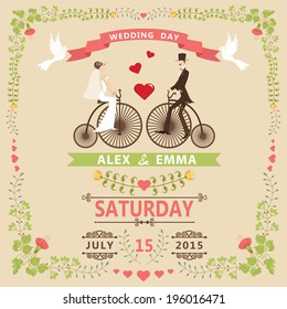 Wedding invitation design template.Cartoon pigeons, Bride, groom on retro bicycle, floral frame and ribbons.For Invitation, save the date card.Vector illustration.Retro style,vintage.