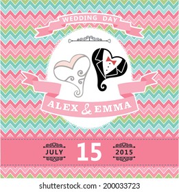 Wedding invitation design template.Cartoon  stylized hearts, geometric pattern and ribbons.For Invitation, save the date card.Vector illustration.Retro style, vintage.