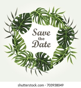 Projeto de convite de casamento com um padrão tropical. 