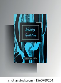 Wedding invitation design. A turquoise texture frame on a black background is manually drawn. Vector 10 EPS.