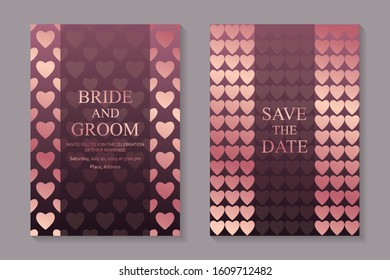 Wedding invitation design or valentine's day greeting card templates with rose gold heart on a pink background.